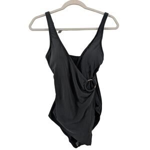 Aqua Green Swimsuit S Black One Piece Wrap Style Front Ring Plunge‎ Beach Swim